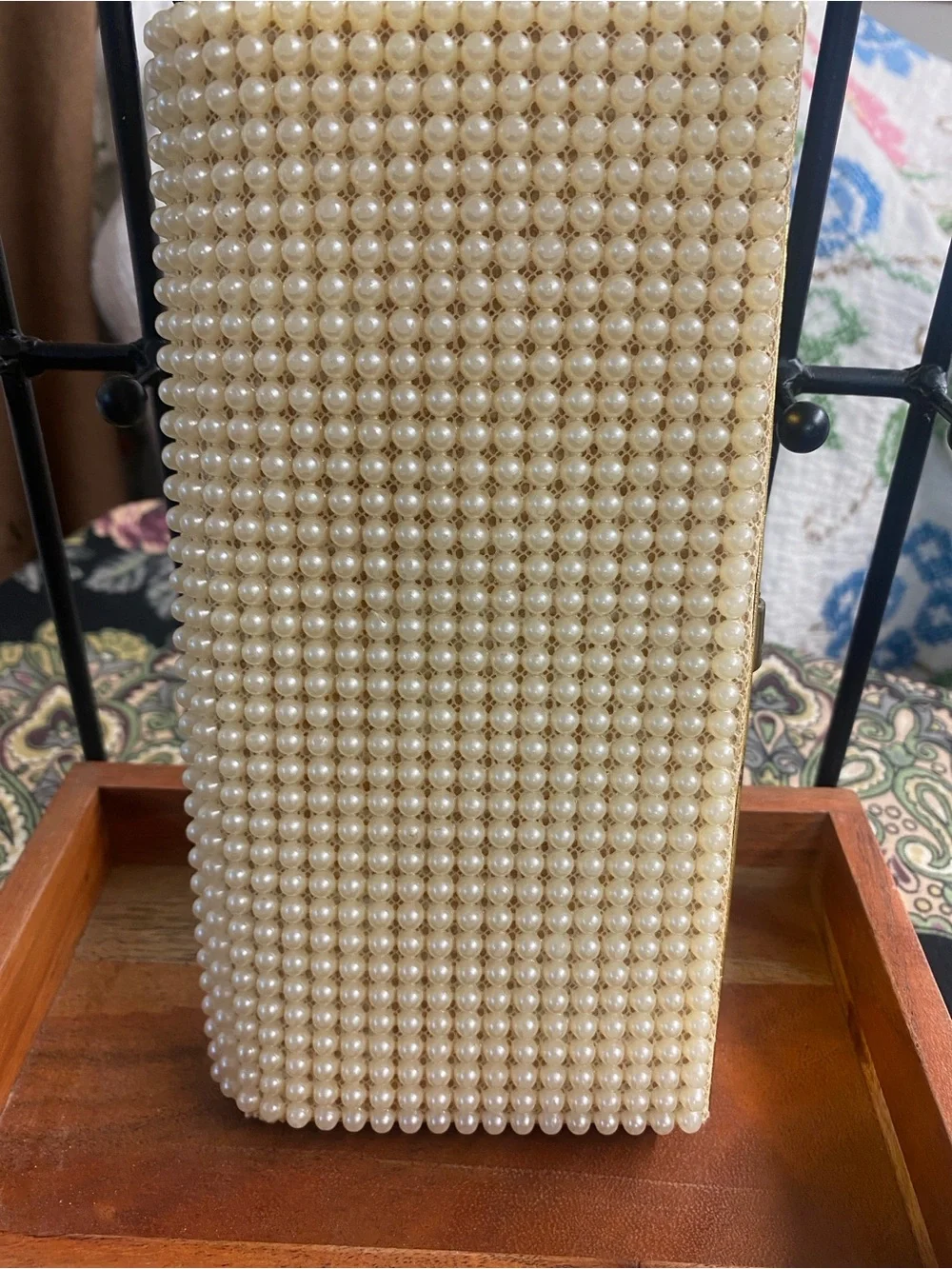 Vintage Pearl Tone Beaded Clutch with Gold Trim